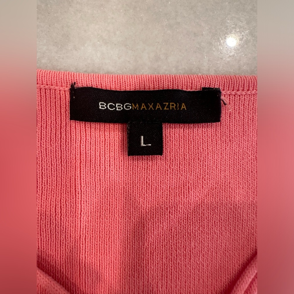 EUC BCBGMAXAZRIA Peachy Pink Sweater Dress Cutout Neck Detail w/ Tie at Waist - Picture 5 of 14
